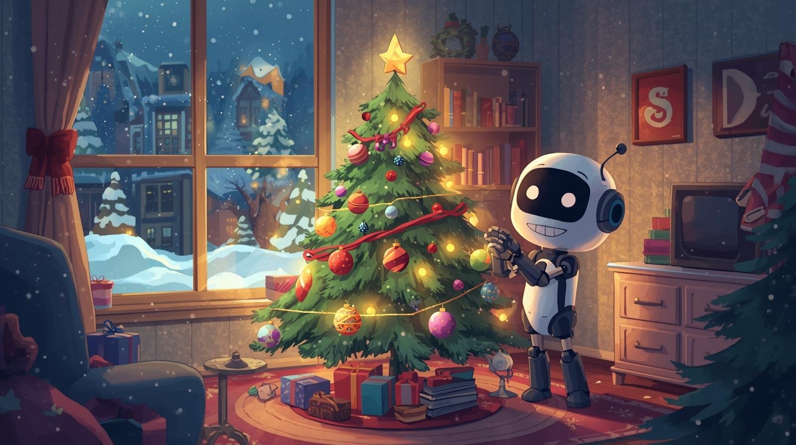 A friendly AI robot decorating a Christmas tree inside a cozy apartment, symbolizing Jurny’s Agentic AI PMS bringing automation and joy to hospitality operations during the holiday season, with snow falling outside through a window.