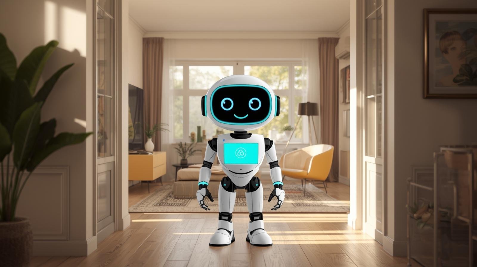 A friendly, cartoon-style AI concierge robot standing inside a bright, modern Airbnb-style apartment, welcoming guests with a glowing digital interface. The scene reflects hyper-personalized, automated hospitality powered by Jurny’s Agentic AI.