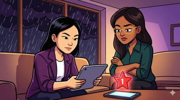 Property manager reviewing negative guest feedback on tablet during rainy weather — bad weather vacation rental reviews