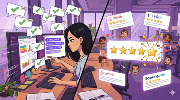 Cartoon illustration of an AI agent sending rapid guest messages on a glowing dashboard while a 5-star rating lights up in real time, surrounded by happy guest icons and floating review cards from major booking platforms.