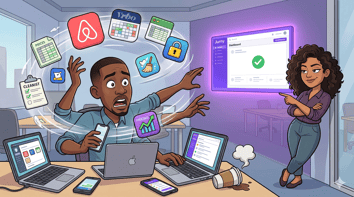 Cartoon illustration of an overwhelmed property manager surrounded by a tornado of disconnected app icons, while a colleague points to a clean, unified Jurny AI dashboard on the wall behind him.