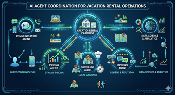 Diagram showing five AI agents (Communication, Pricing, Concierge, Reviews, Data Science) coordinating to manage vacation rental operations 