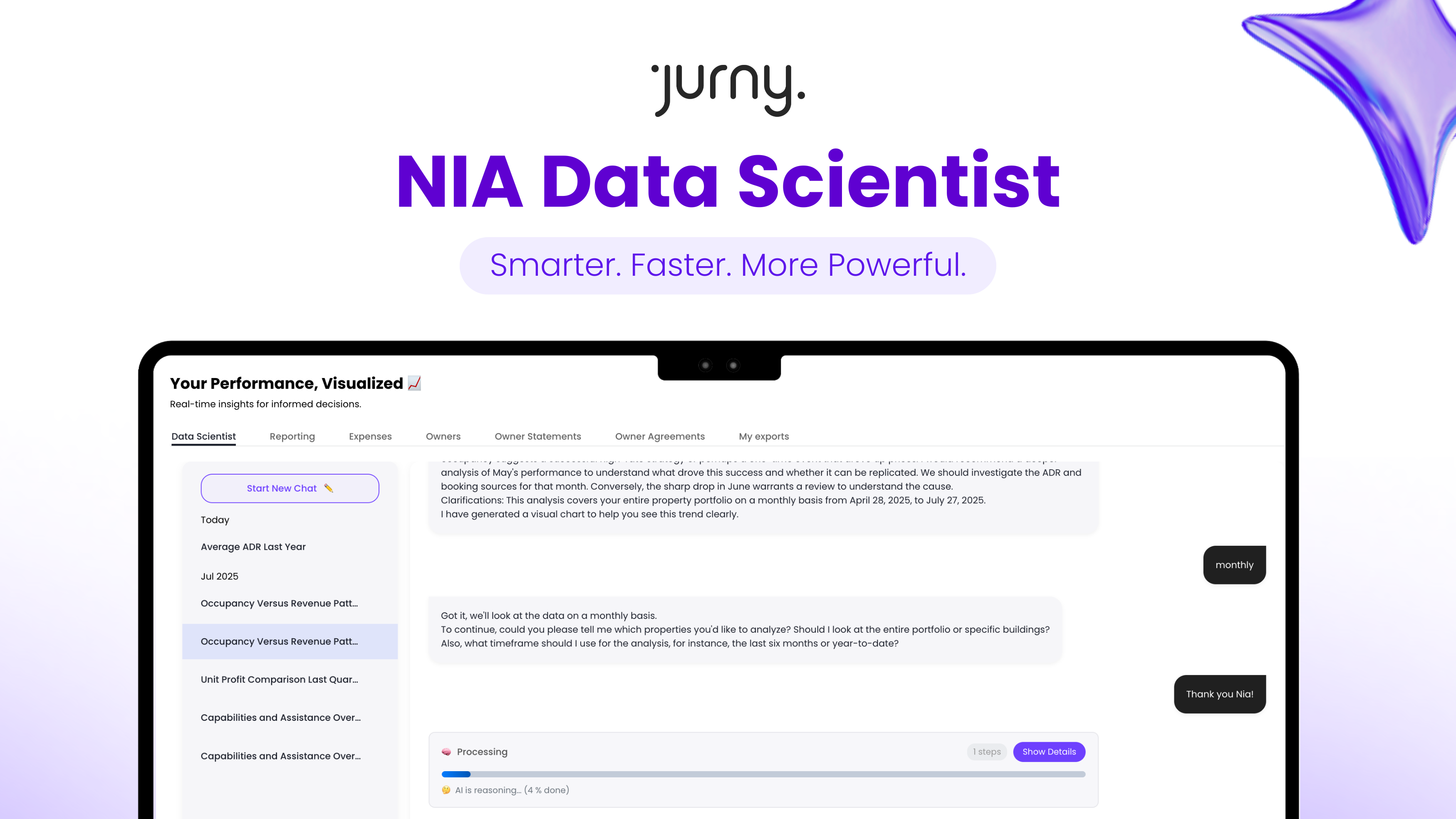 Screenshot of Jurny’s NIA Data Scientist interface showing real-time data analysis with conversational AI insights, charts, and performance metrics.