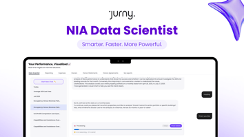 Screenshot of Jurny’s NIA Data Scientist interface showing real-time data analysis with conversational AI insights, charts, and performance metrics.