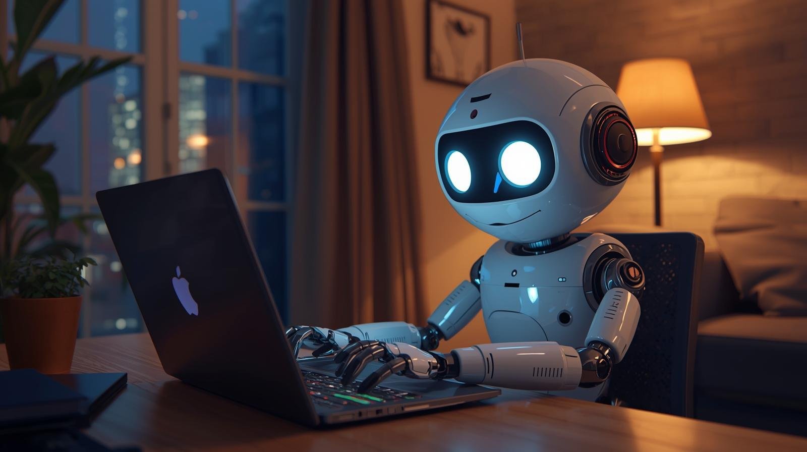 A friendly AI robot working late at night on a laptop inside a short-term rental, symbolizing how Jurny’s Agentic AI PMS handles overnight guest communication and operations so property managers don’t have to.