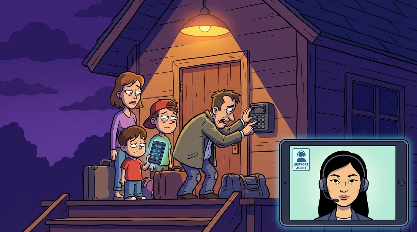 Cartoon family locked out of vacation rental late at night trying to open a lockbox.