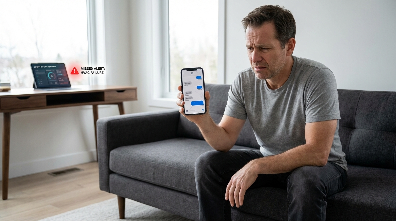 A frustrated guest sitting on a vacation rental sofa holding a phone with multiple unanswered messages to their host.