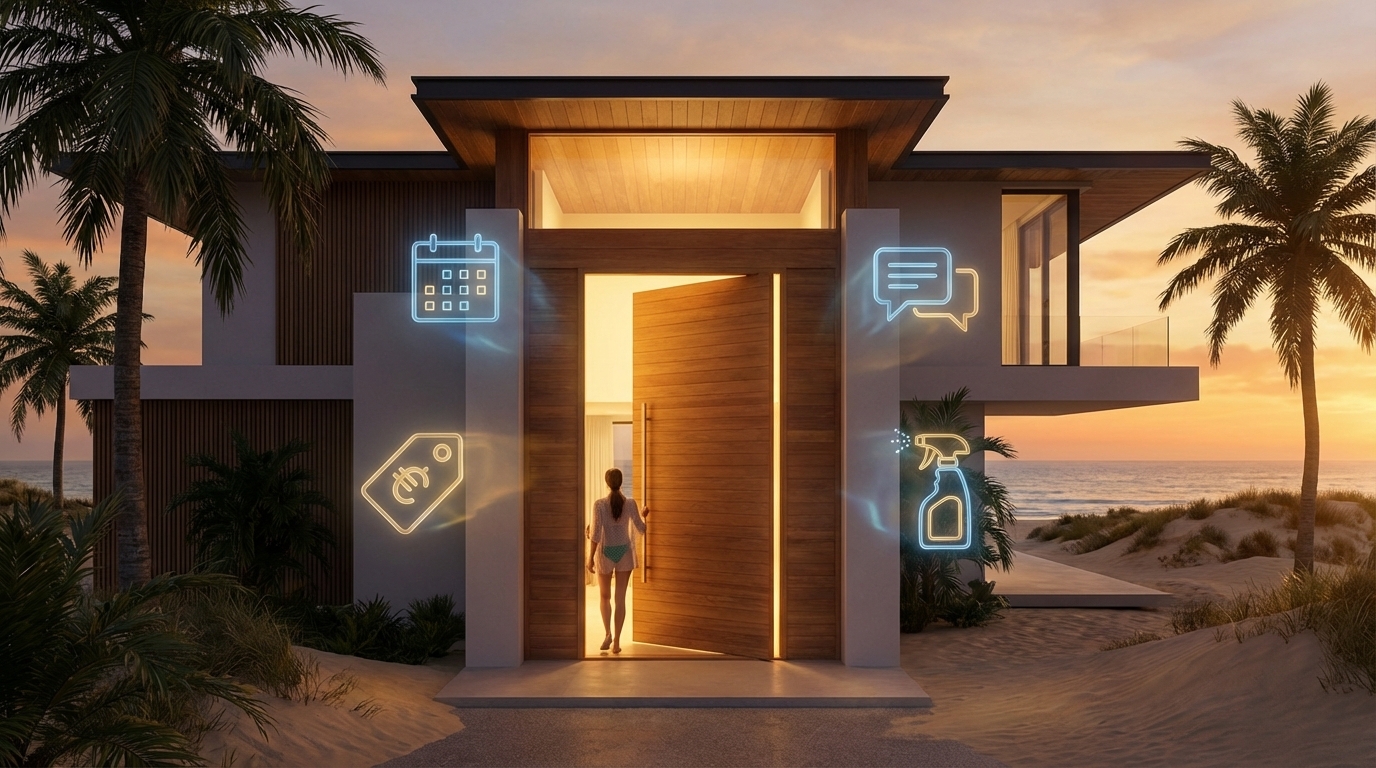 A luxury vacation rental property surrounded by glowing digital icons representing a fully integrated operational ecosystem for direct bookings.