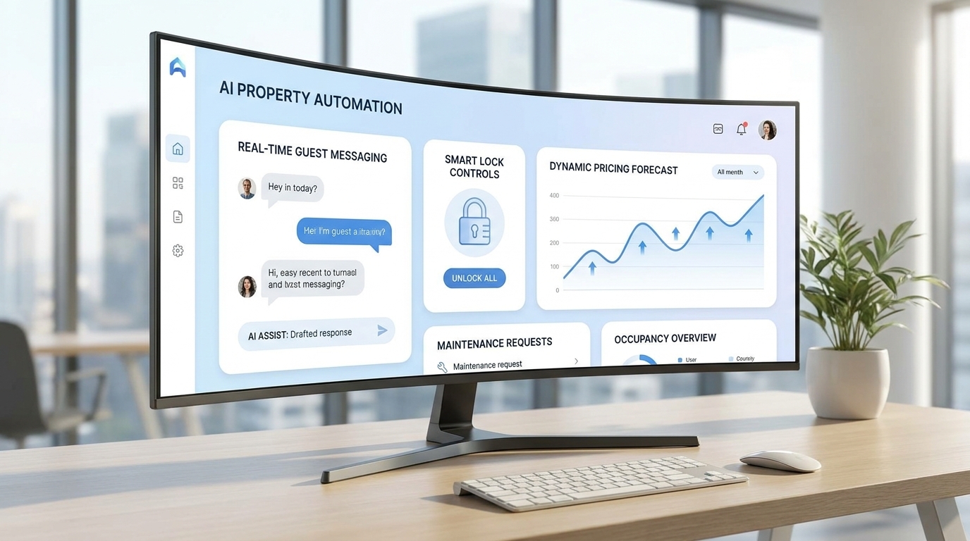 AI-native property management dashboard showing real-time guest messaging, smart lock controls, and dynamic pricing — powered by Jurny.