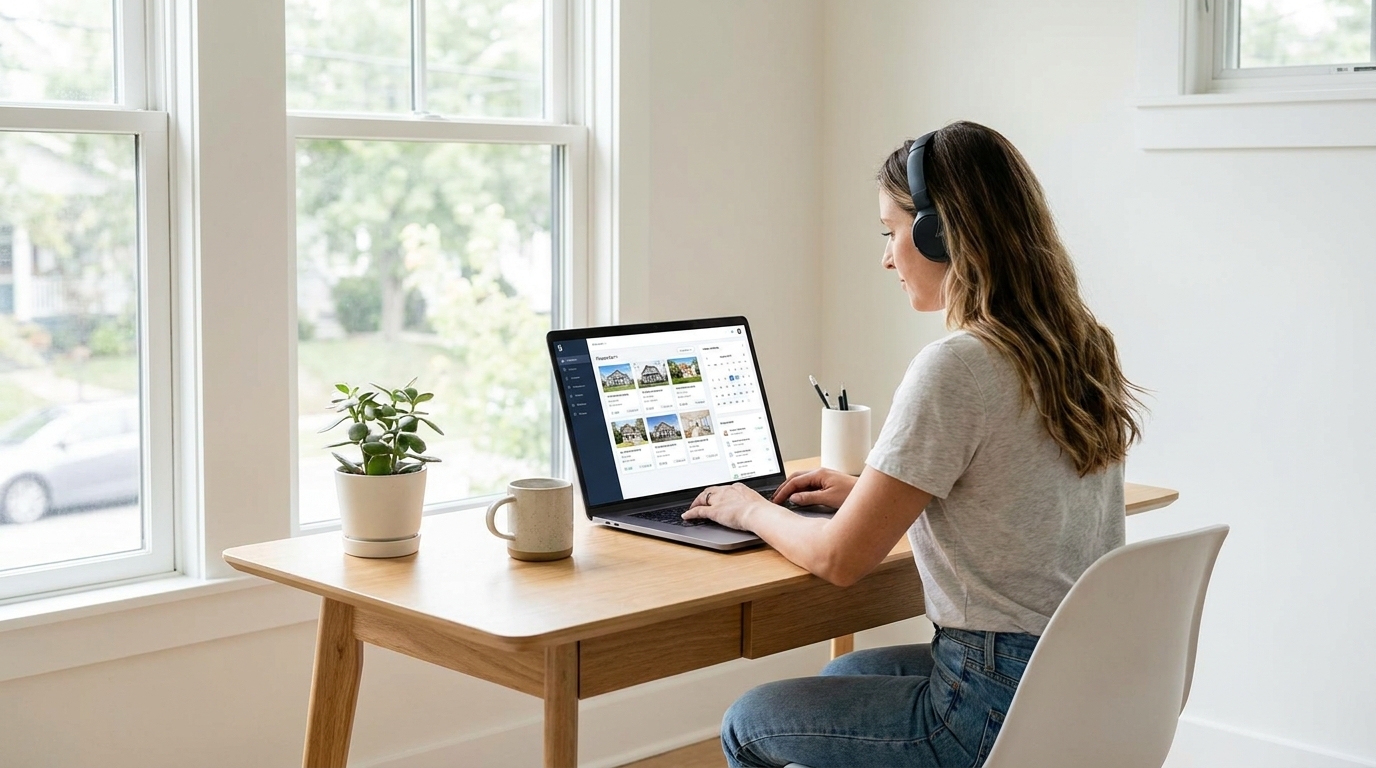 Property manager managing multiple Airbnb properties on laptop with Jurny software