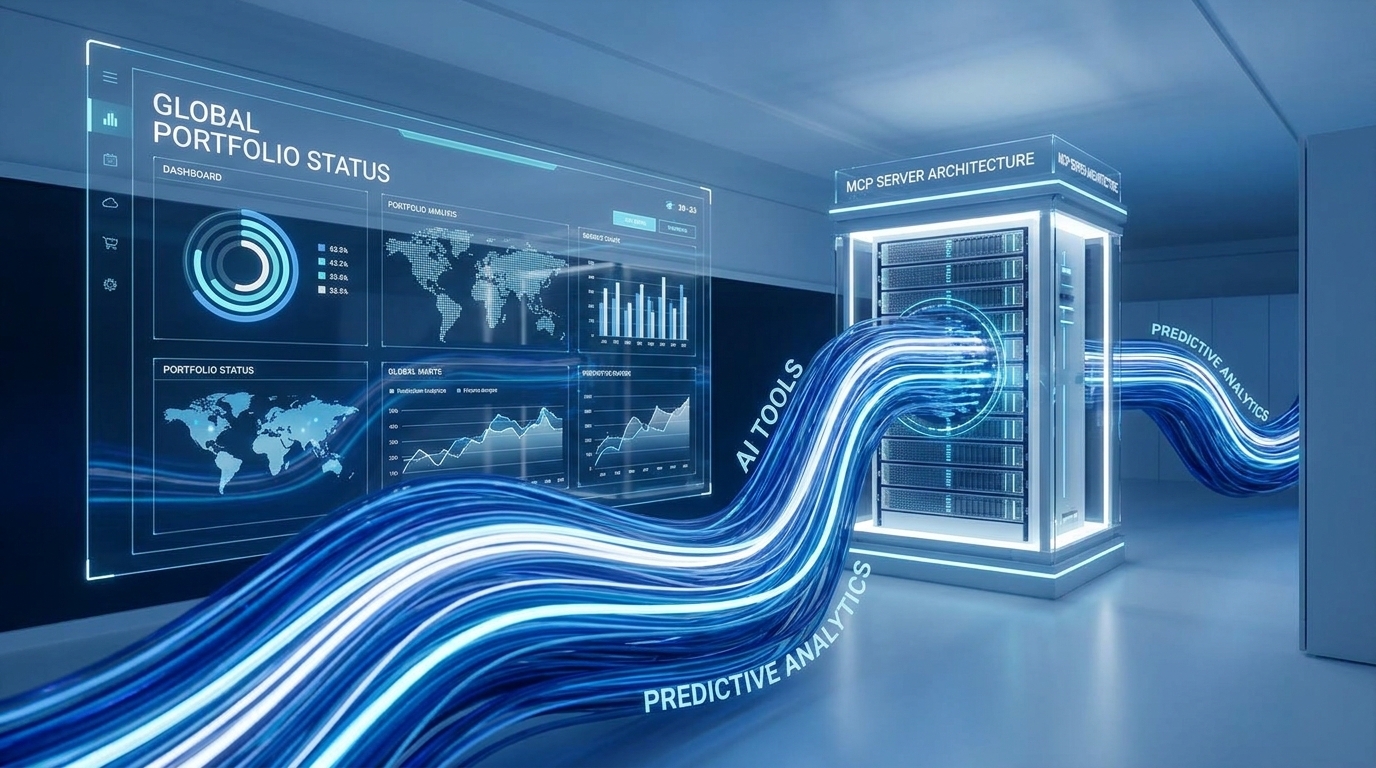 MCP Model Context Protocol connecting AI to property management software — Jurny MCP Server architecture visualization.