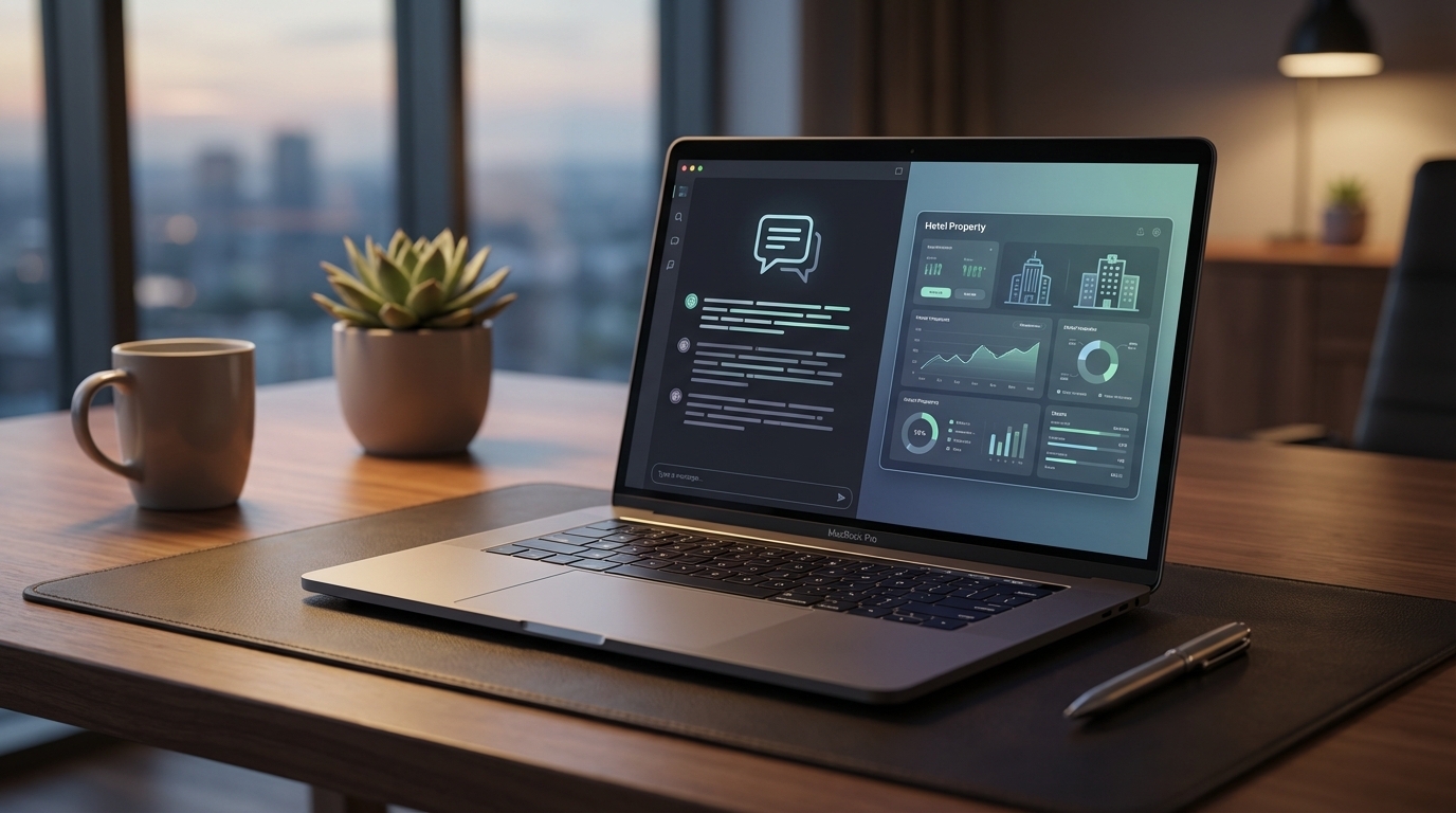 A sleek modern office desk with a laptop displaying an AI chat interface working seamlessly alongside the Jurny property management dashboard via MCP.