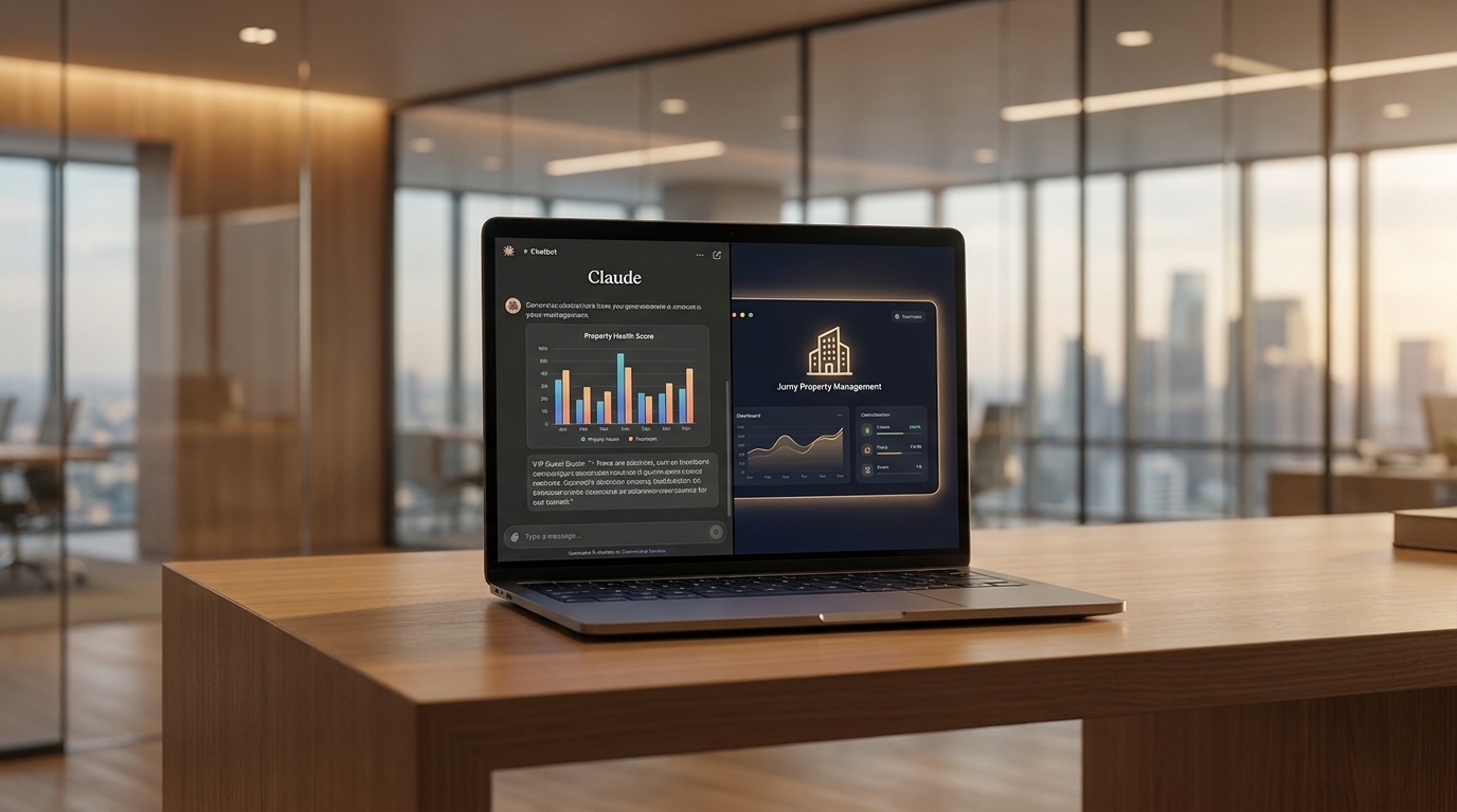 A sleek modern laptop displaying an AI chatbot like Claude connected to a Jurny property management dashboard, generating a property health score report.