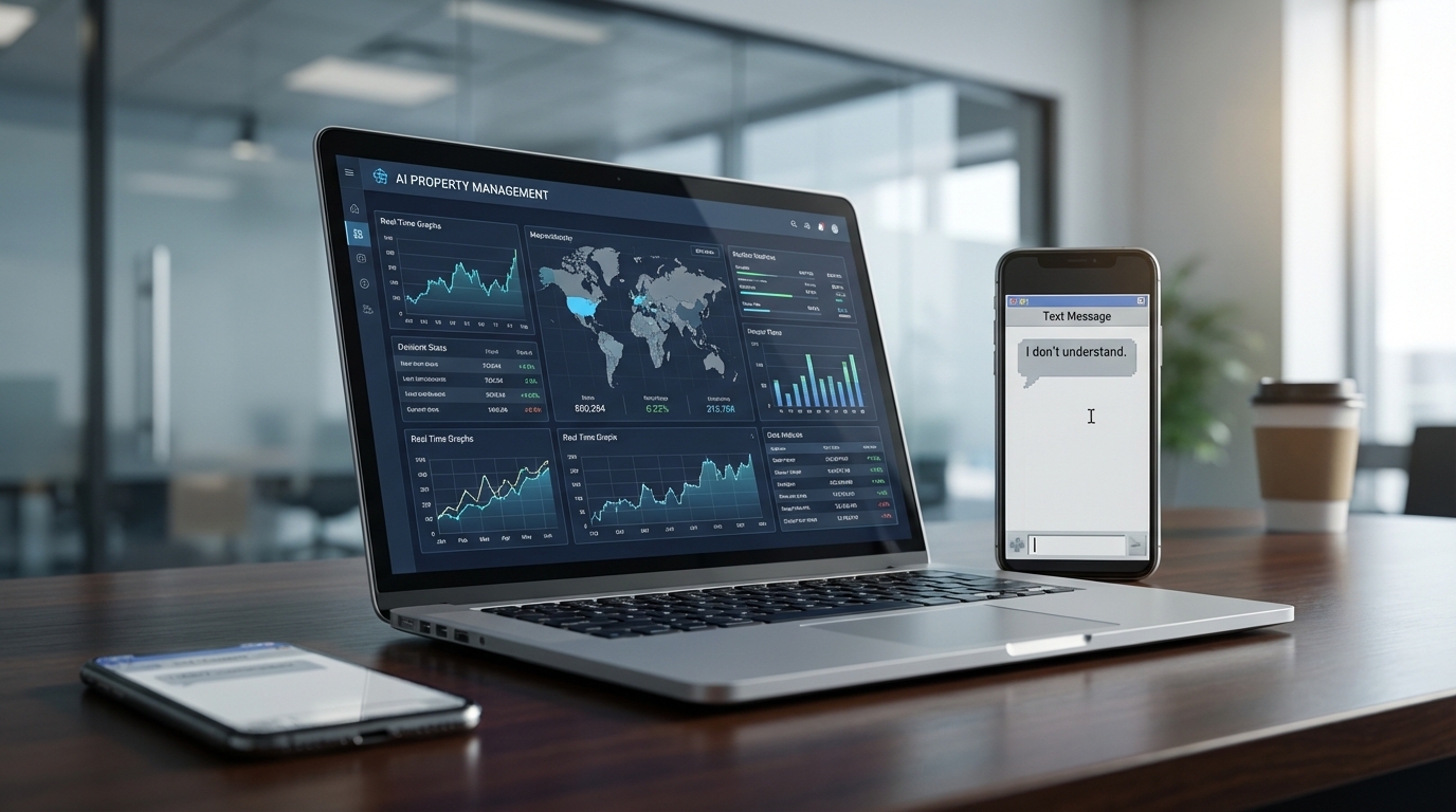 A modern laptop showing an advanced AI property management dashboard next to a smartphone displaying a frustrating, basic chatbot interface.