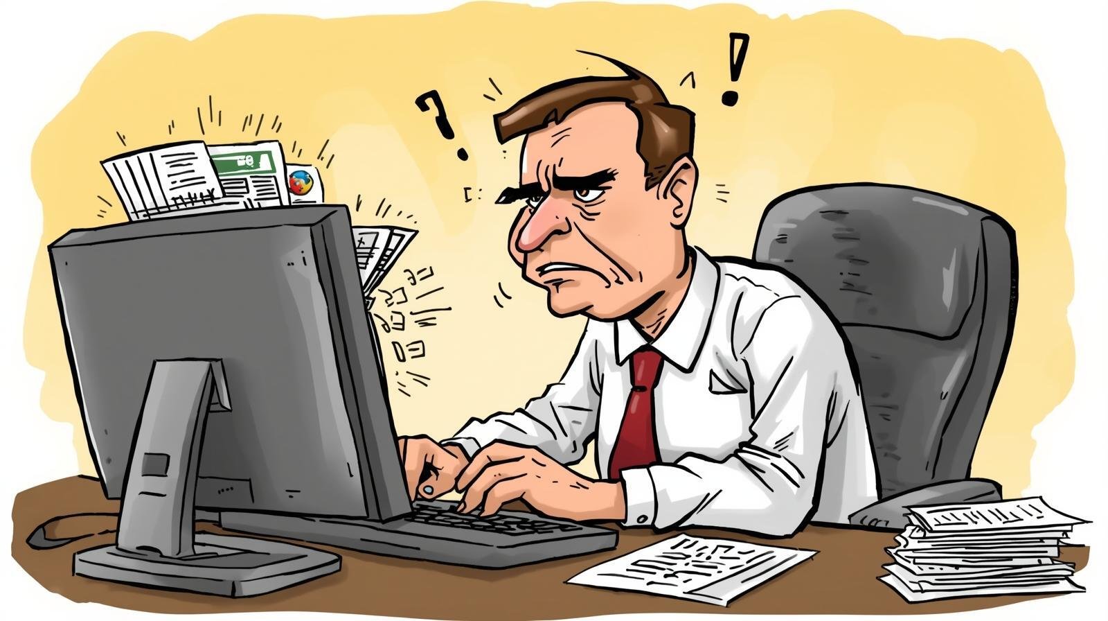 artoon of a frustrated property manager struggling with spreadsheets on an old computer, representing outdated hospitality software slowing down growth.