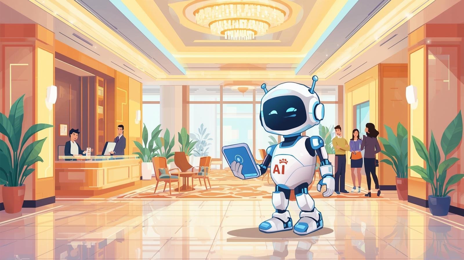 Cartoon illustration of agentic AI supporting hotel and property management operations in a lobby