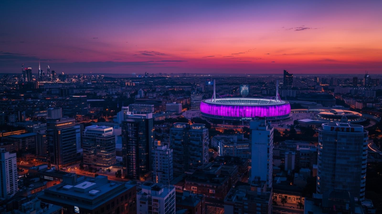 City skyline at sunset with a glowing purple World Cup stadium, representing global travel demand, short-term rental growth, and the rise of AI-powered property management software before 2026