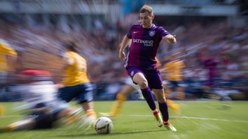 Soccer match action shot of a player dribbling in a stadium, used for World Cup match-day upsells and hospitality add-ons.