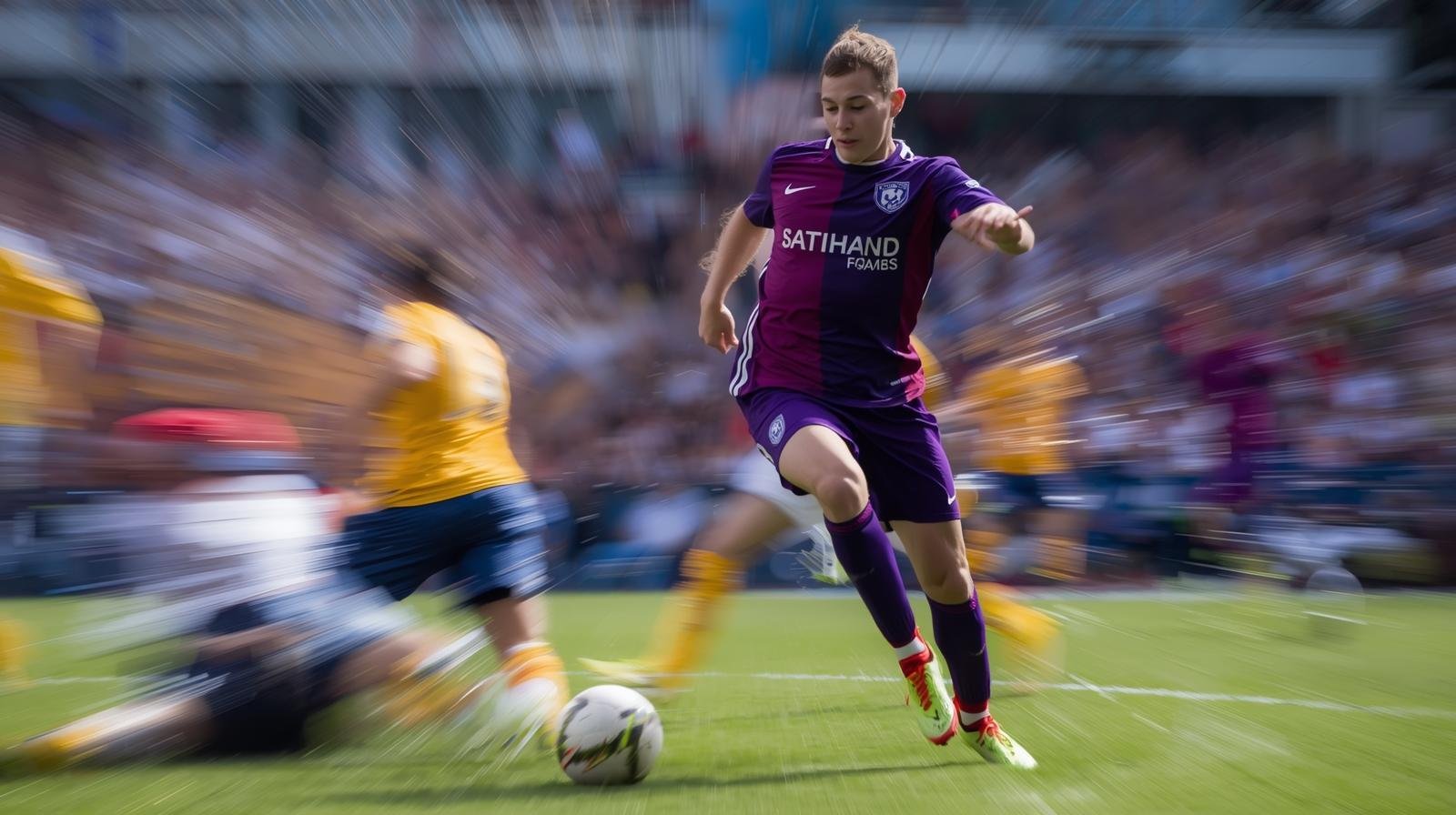 Soccer player sprinting with the ball during a fast-paced World Cup match, symbolizing the surge in rental demand and the speed of AI-powered property management needed to keep up.