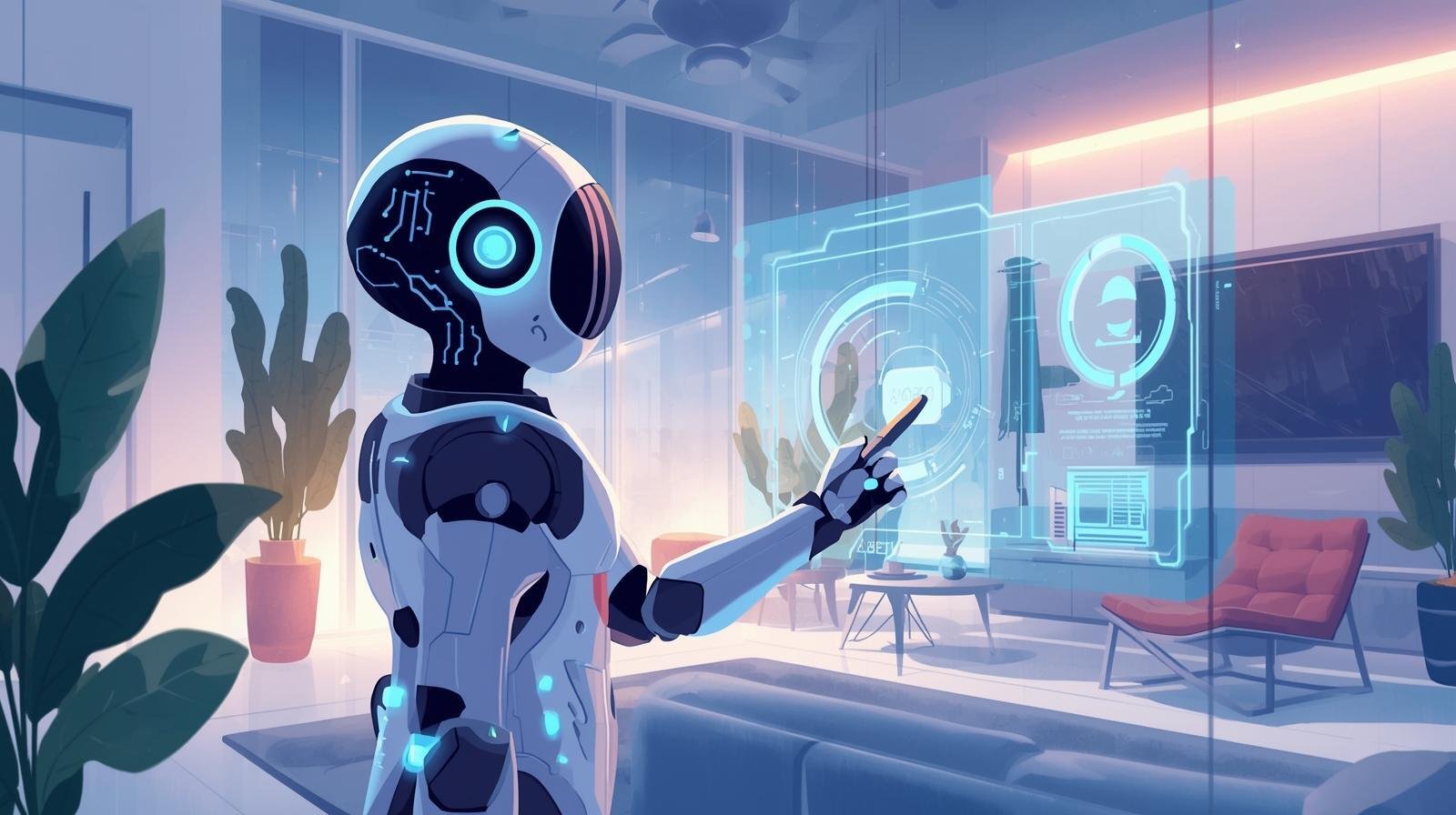 Futuristic AI co-pilot interacting with a smart rental dashboard inside a modern apartment, representing Jurny’s agentic AI NIA helping property managers automate guest messaging, operations, and decision-making.