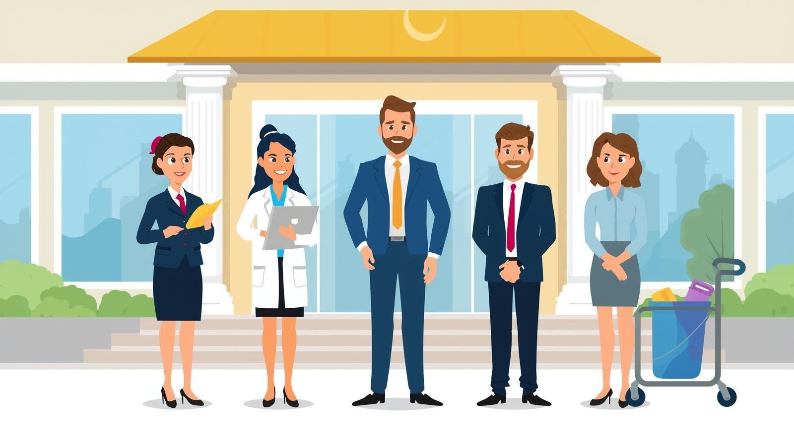 Cartoon illustration of five intelligent AI agents standing proudly in front of a hotel, each representing different hospitality roles such as concierge, data scientist, sales, housekeeping, and operations manager, symbolizing how Jurny’s Agentic AI replaces traditional SaaS with Outcome-as-a-Service for modern property management.