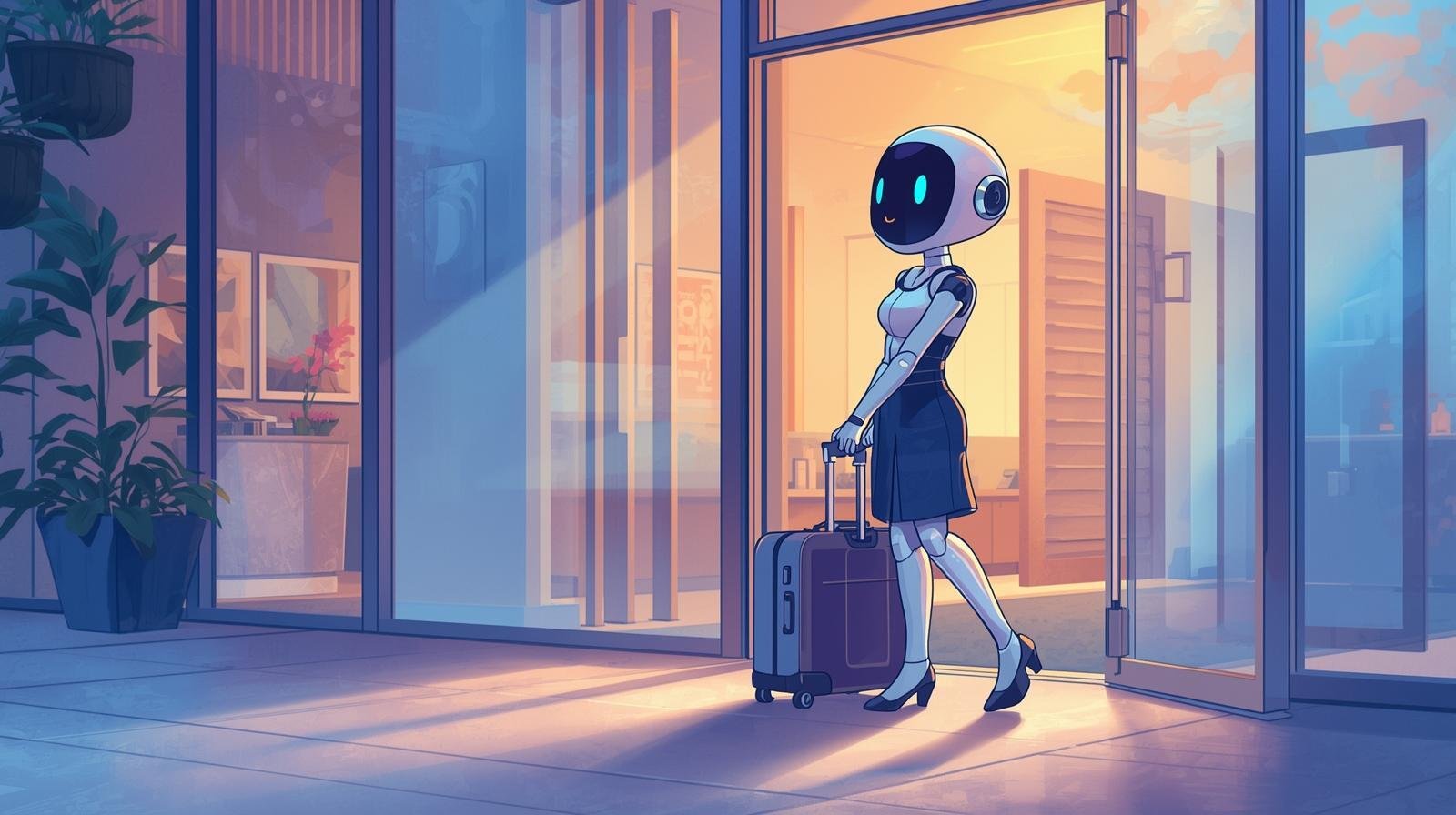Illustration of a futuristic humanoid robot with luggage standing outside a modern hotel, symbolizing the rise of agentic AI and automation in next-generation hospitality operations.