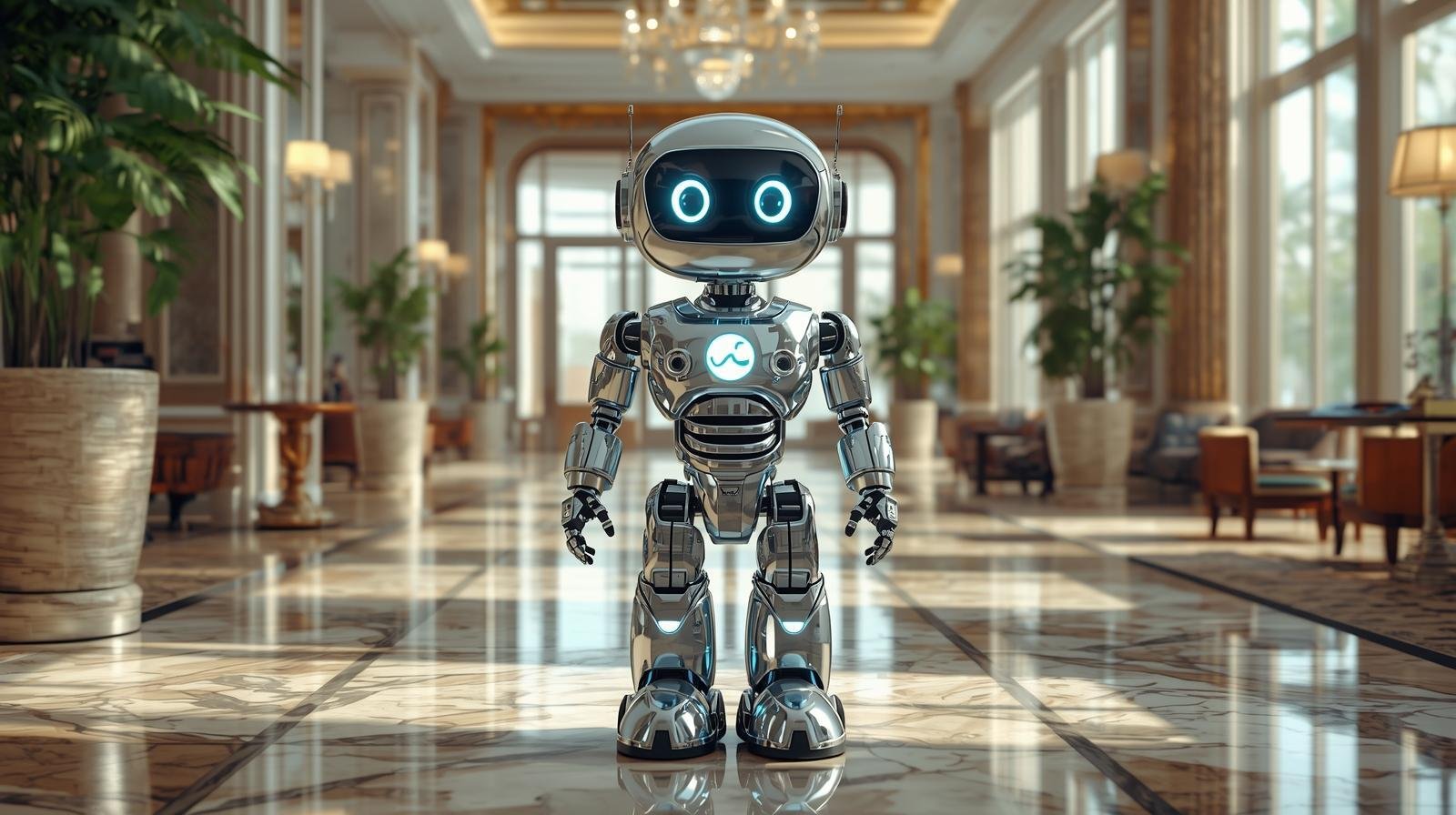 Futuristic friendly AI robot standing in a luxury hotel lobby, symbolizing Jurny’s Agentic Operating System replacing traditional PMS with autonomous AI-driven hospitality management.