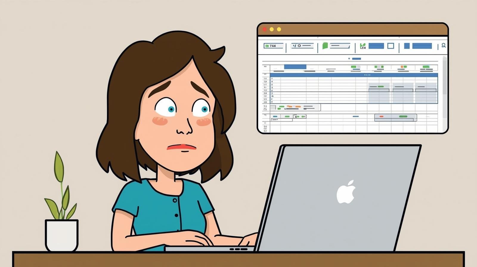 Cartoon illustration of a stressed short-term rental manager struggling with spreadsheets and too many open tabs on her laptop, symbolizing outdated STR operations before adopting Agentic AI-powered automation from Jurny.