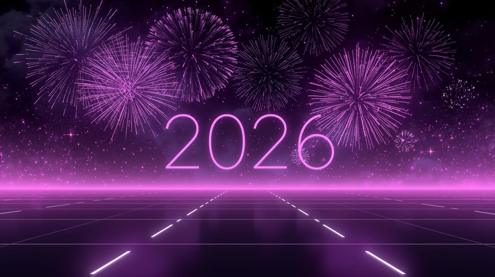 Futuristic 2026 New Year fireworks, symbolizing the start of a new era in hospitality technology and Agentic AI-powered automation.