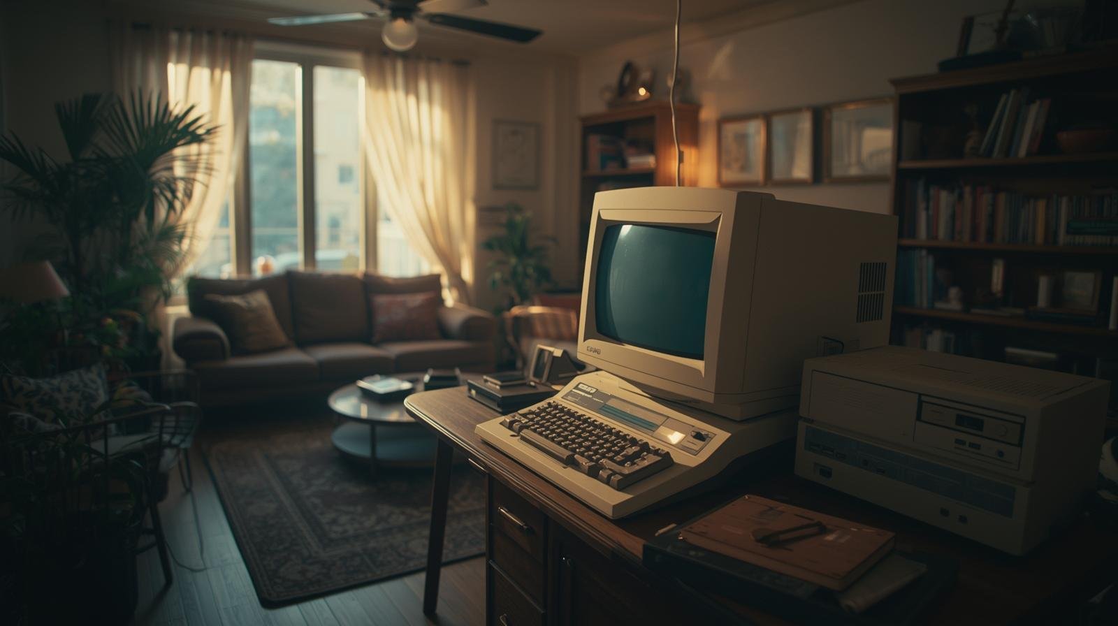 Outdated computer system sitting in a short-term rental living room, symbolizing how legacy PMS technology erodes guest satisfaction compared to Jurny’s modern Agentic AI PMS.