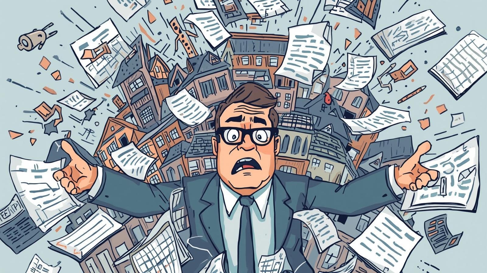 Overwhelmed property manager surrounded by paperwork and multiple rental properties, illustrating operational strain when scaling beyond 50 short-term rental units.