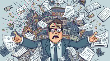 Overwhelmed property manager surrounded by paperwork and multiple rental properties, illustrating operational strain when scaling beyond 50 short-term rental units.