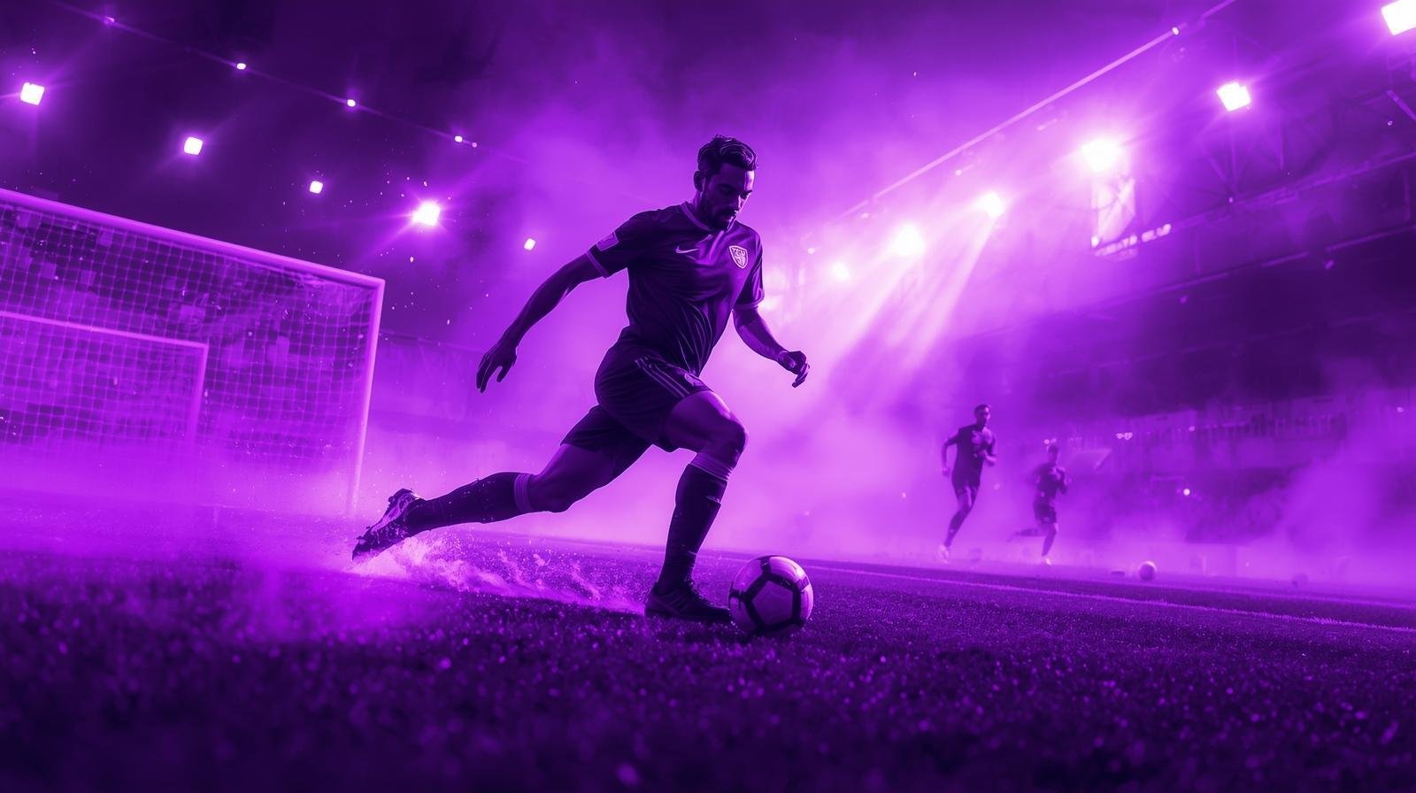 Soccer player in a purple-lit stadium during a high-intensity World Cup match, representing dynamic pricing for short-term rentals and how Jurny helps property managers adjust rates in real time for World Cup 2026 demand.