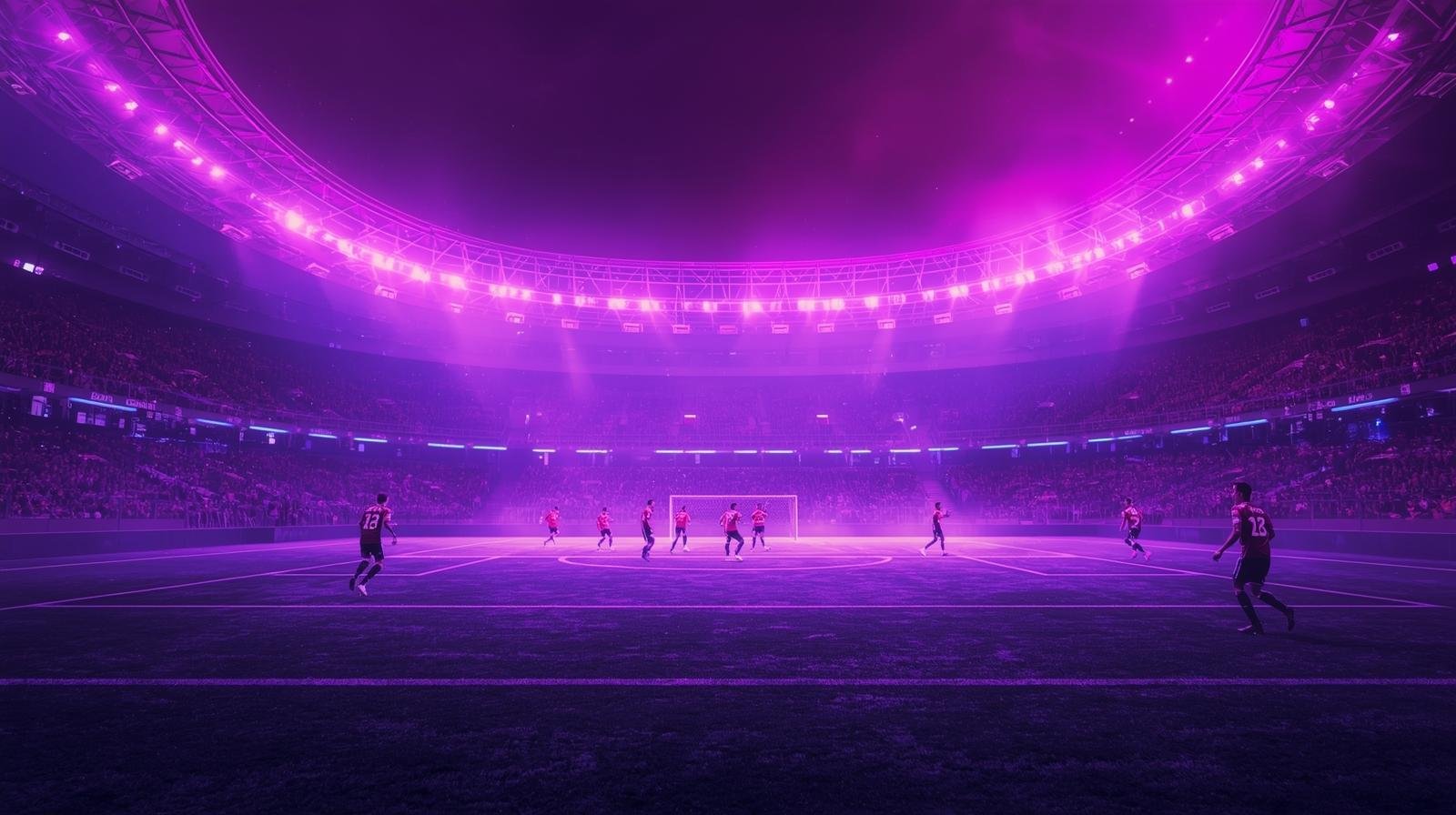 Futuristic soccer stadium illuminated in purple light, symbolizing the excitement and global scale of the 2026 World Cup — representing peak travel demand and opportunity for AI-powered property management