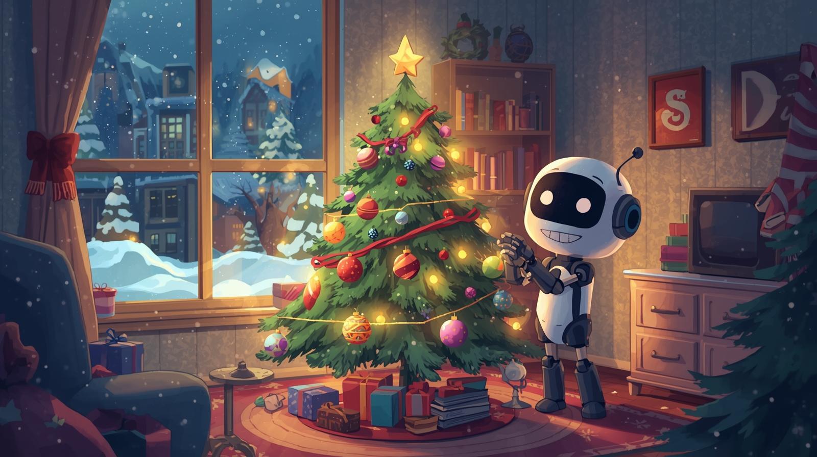 A friendly AI robot decorating a Christmas tree inside a cozy apartment, symbolizing Jurny’s Agentic AI PMS bringing automation and joy to hospitality operations during the holiday season, with snow falling outside through a window.