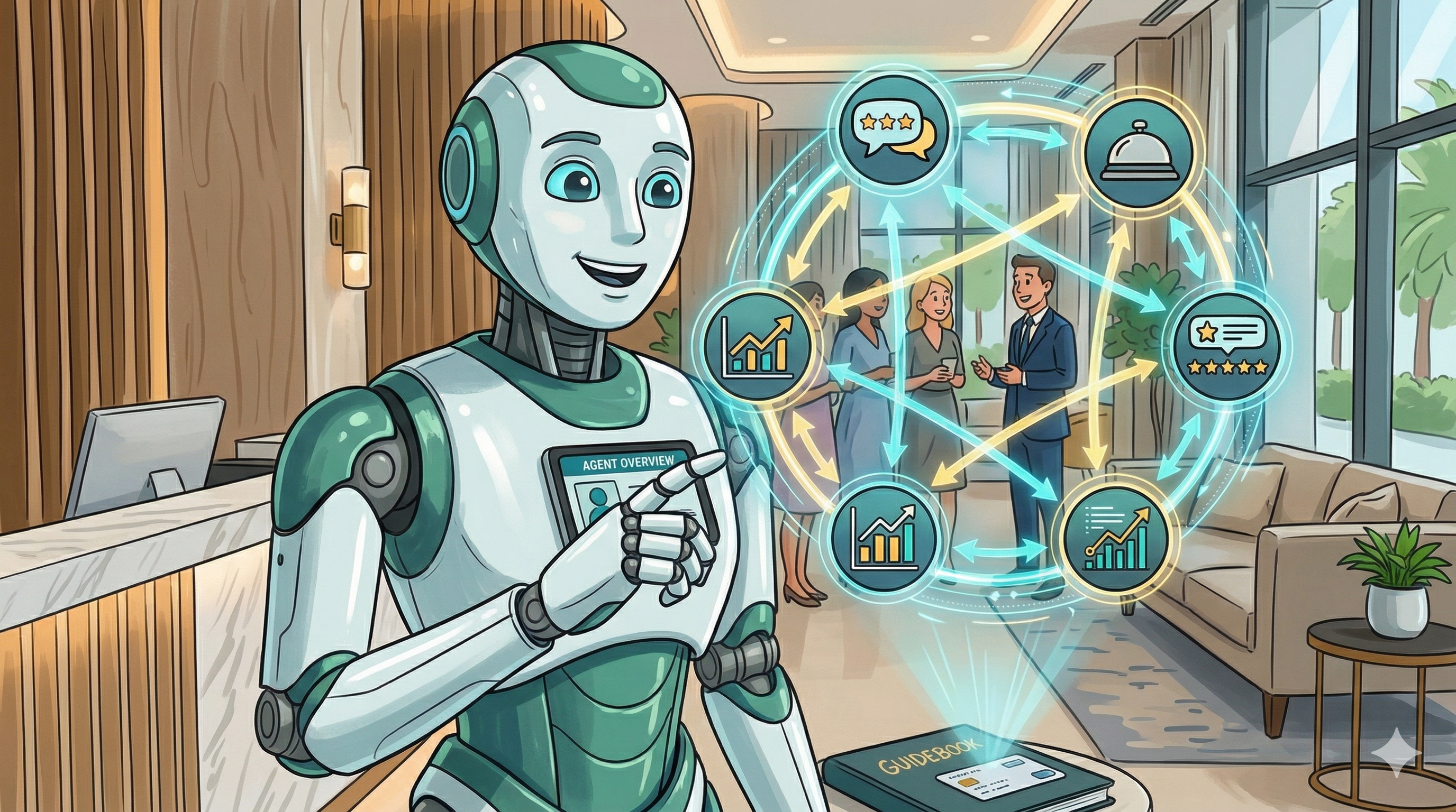 Five interconnected agent icons (communication bubble, pricing chart, concierge hat, star review, data graph) arranged in a circle with arrows showing coordination and data flow between them.