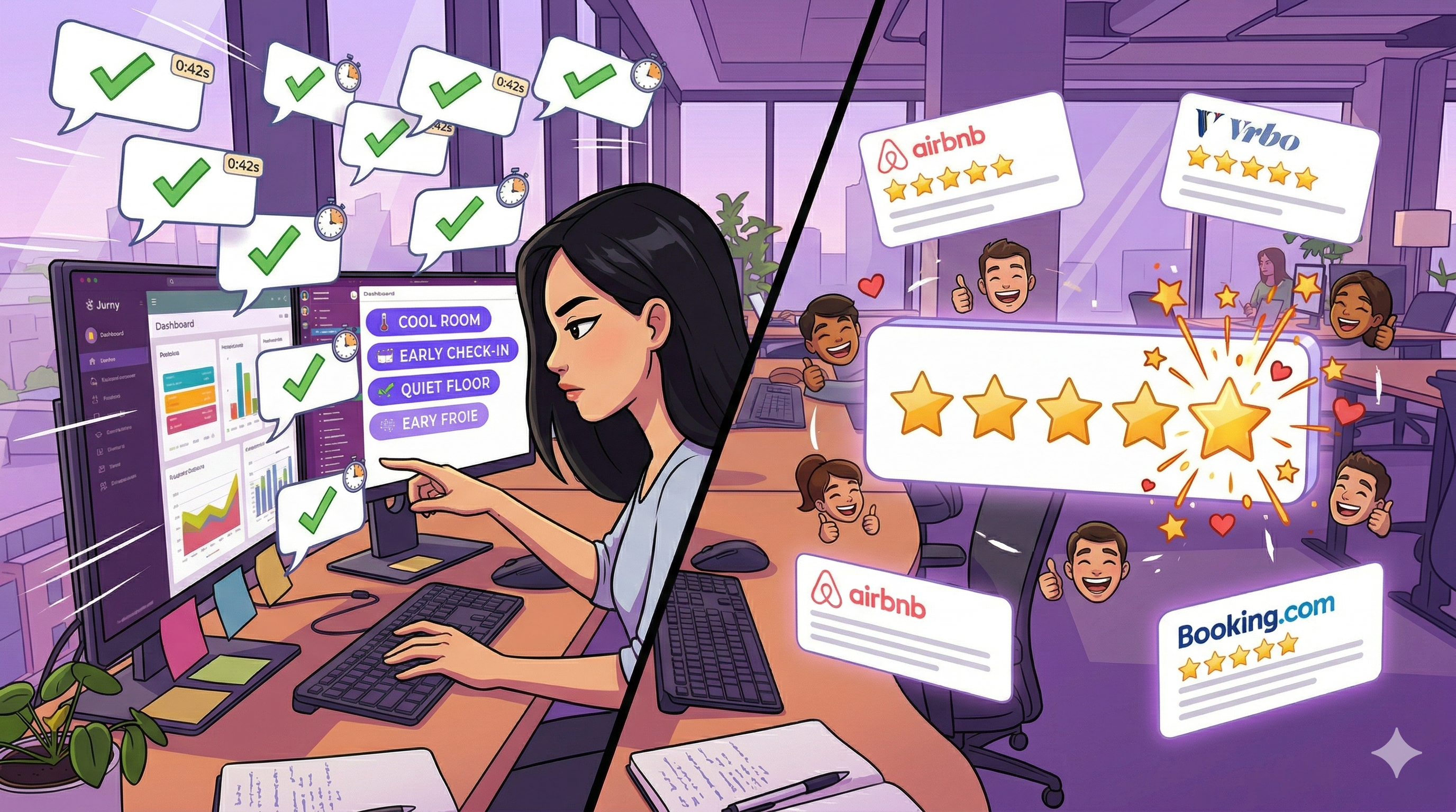 Cartoon illustration of an AI agent sending rapid guest messages on a glowing dashboard while a 5-star rating lights up in real time, surrounded by happy guest icons and floating review cards from major booking platforms.