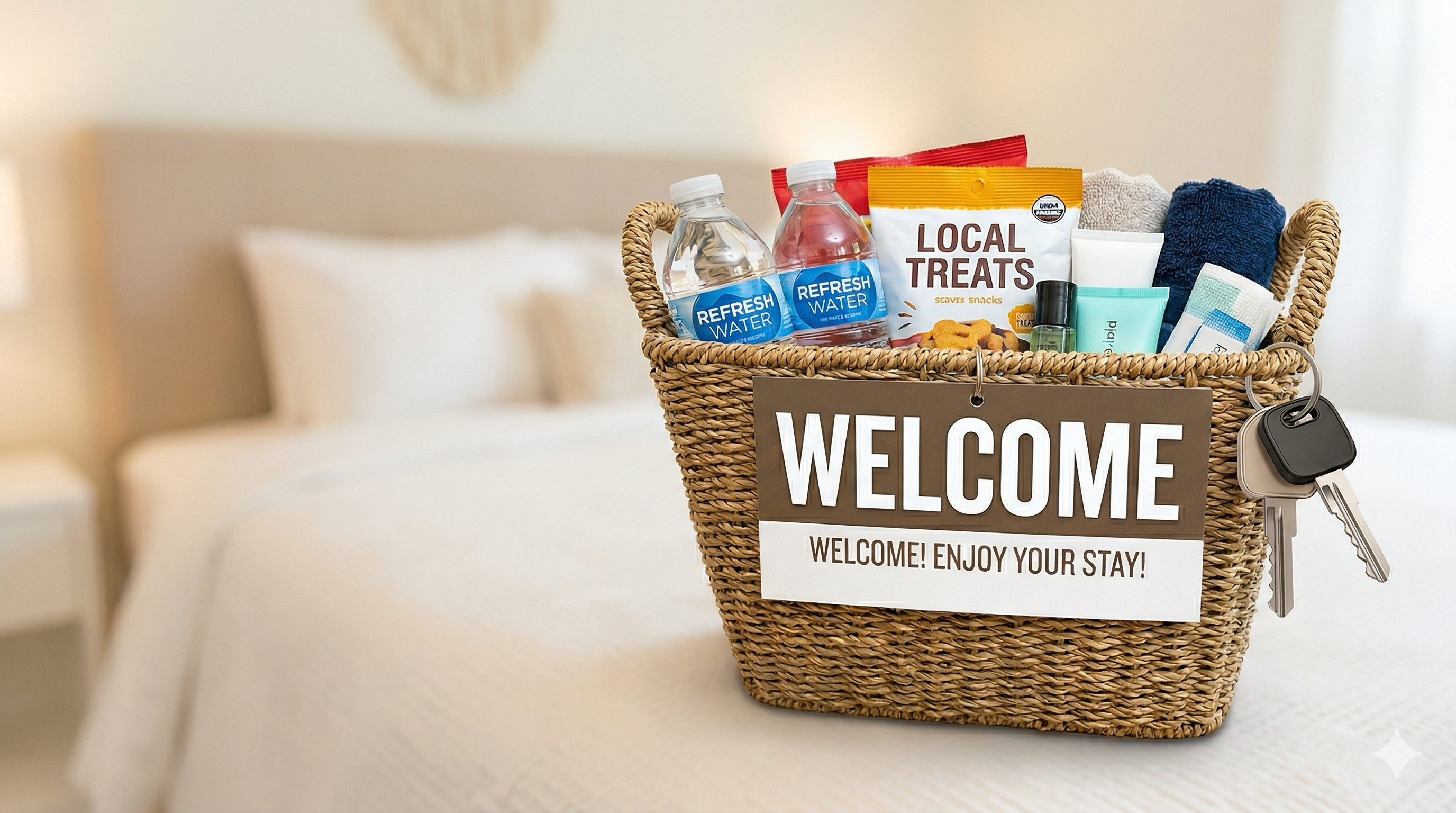 Welcome basket in a vacation rental representing an AI-powered guest personalization example