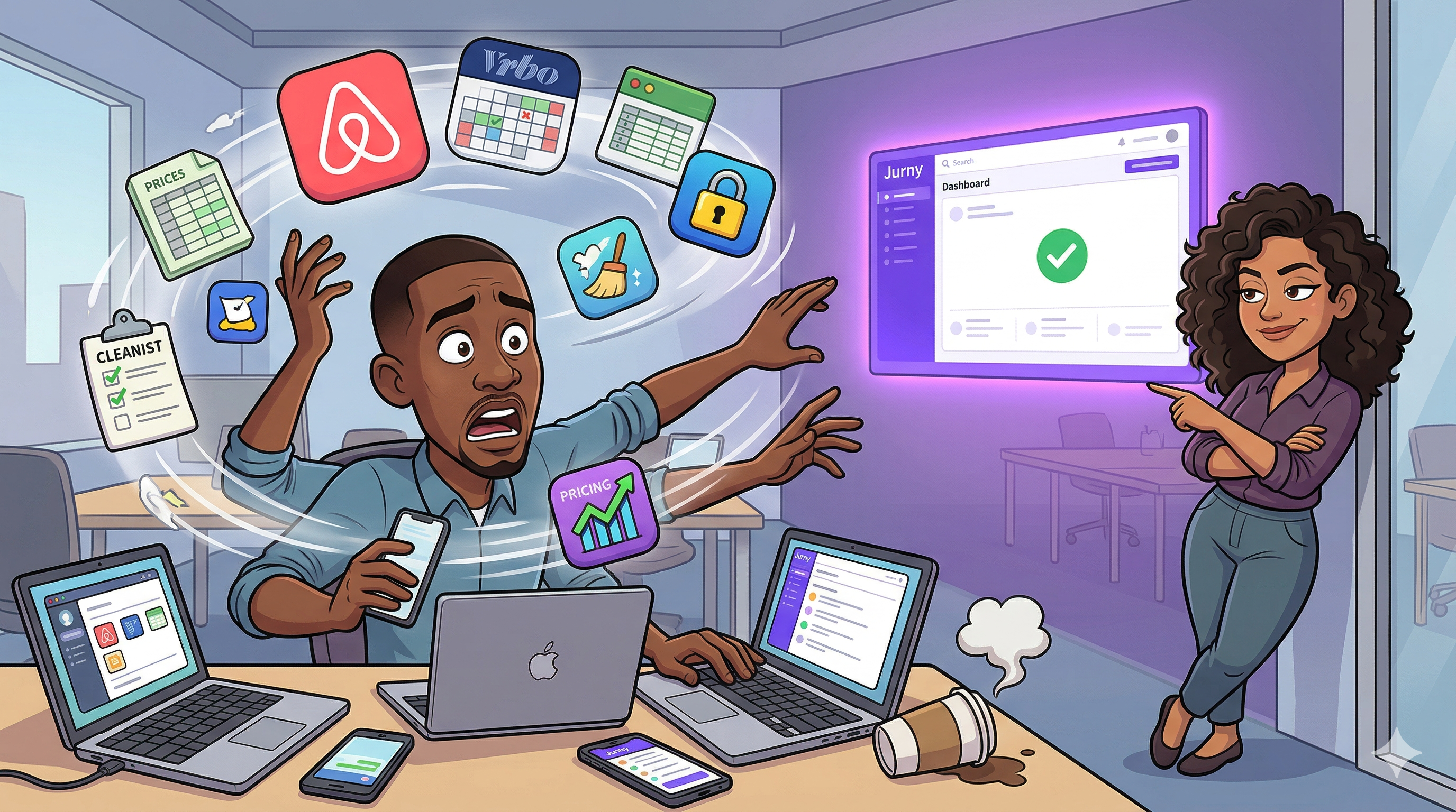 Cartoon illustration of an overwhelmed property manager surrounded by a tornado of disconnected app icons, while a colleague points to a clean, unified Jurny AI dashboard on the wall behind him.