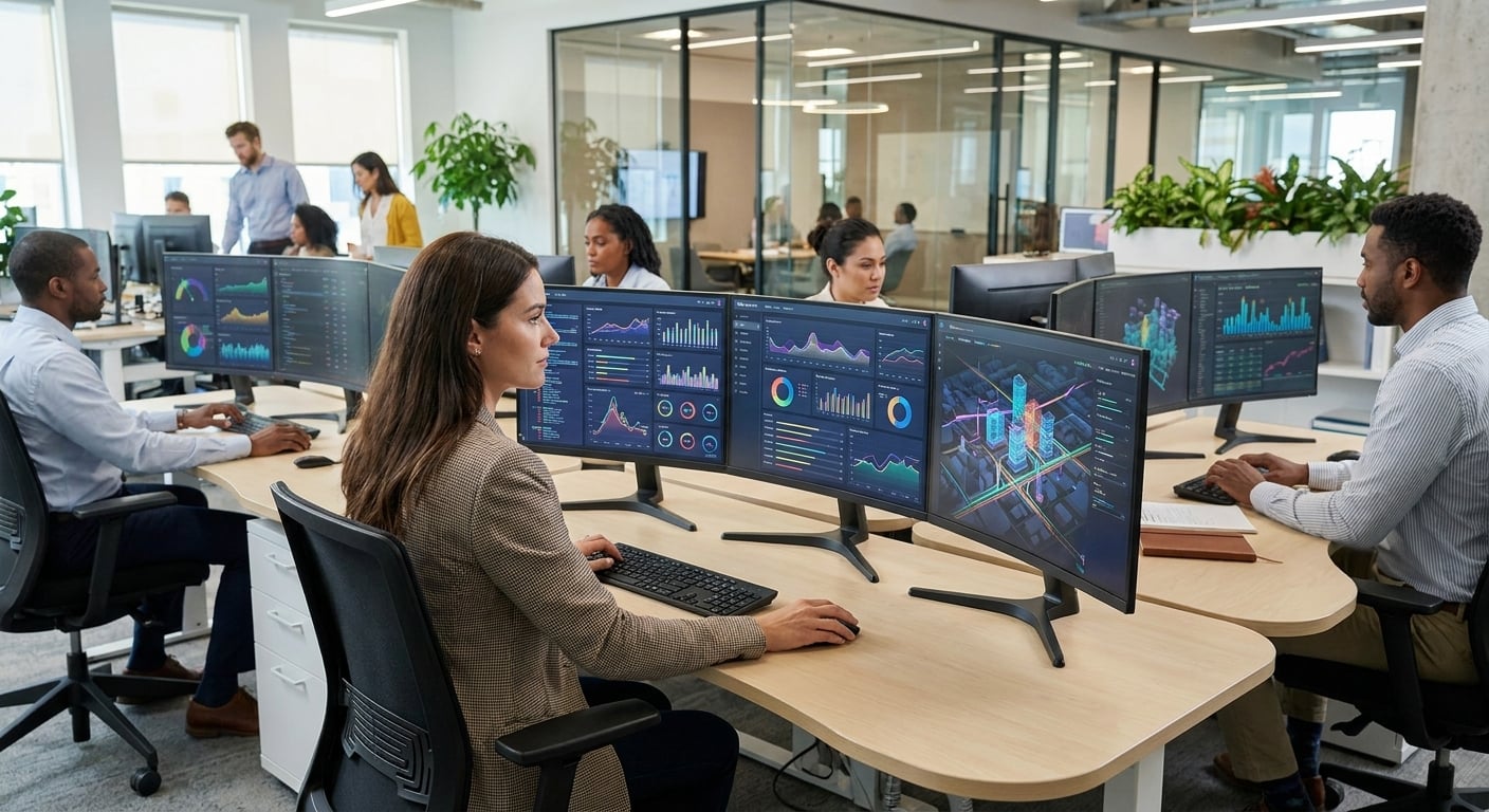 Property manager evaluating AI property management software on multiple screens
