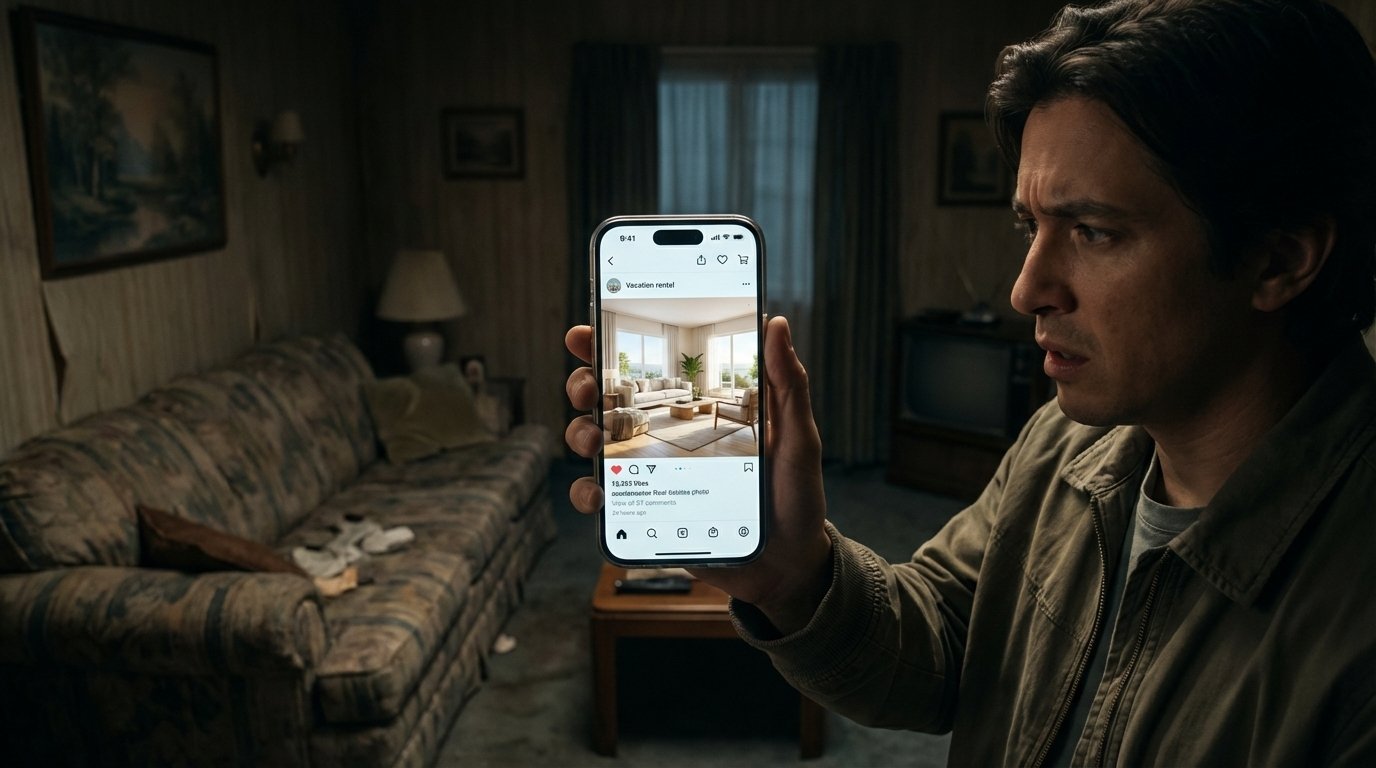 A guest standing in a dark vacation rental comparing the disappointing reality to a fake, overly bright listing photo on their phone.