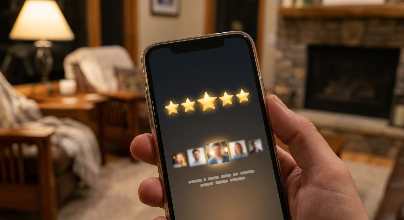 5-star guest review on smartphone screen with cozy vacation rental interior in background