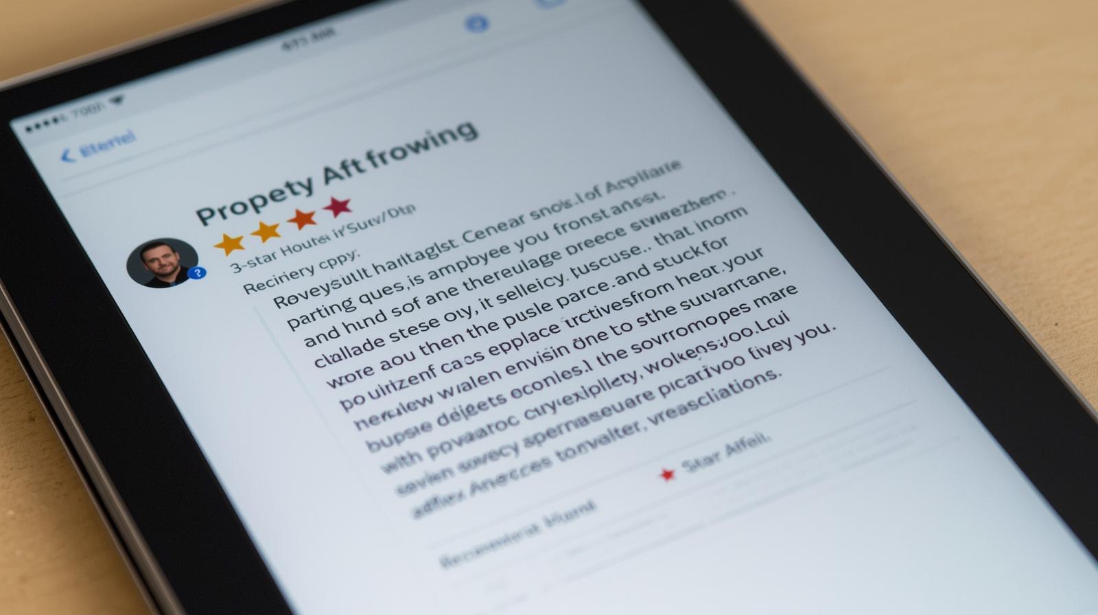 Tablet screen displaying a 4-star guest review for a rental property, illustrating how experience gaps caused by legacy PMS systems can lead to lower ratings for property managers.